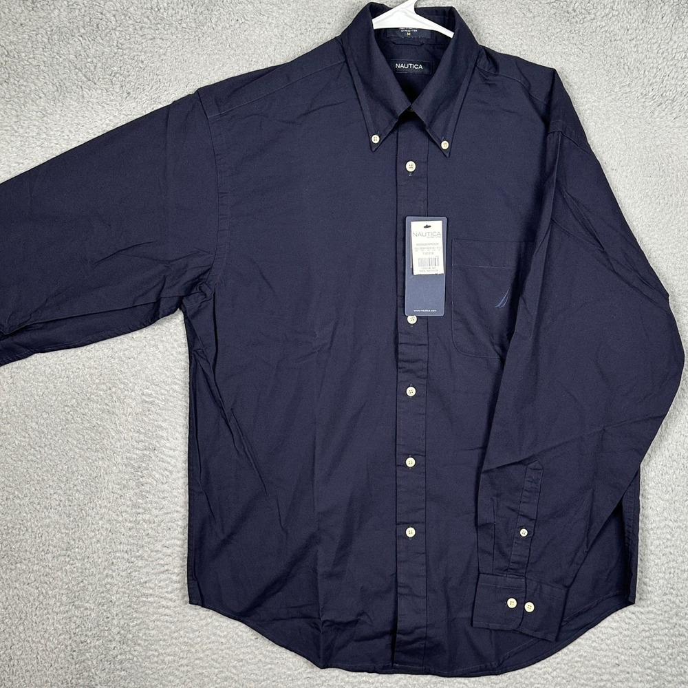 NEW Nautica Shirt Mens Medium Dark Navy Button Down Casual Long Sleeve Pocket